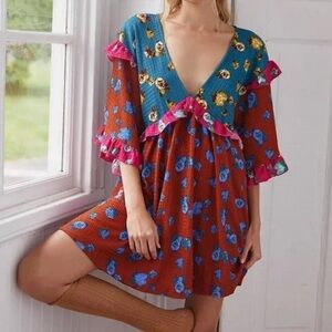 By Anthropologie Floral Ruffled Sleeve Babydoll Sleep Dress
